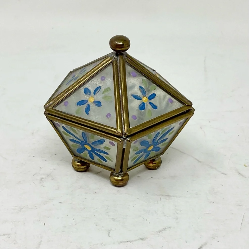 Decorative Floral Glass Box with Brass Accents vintage